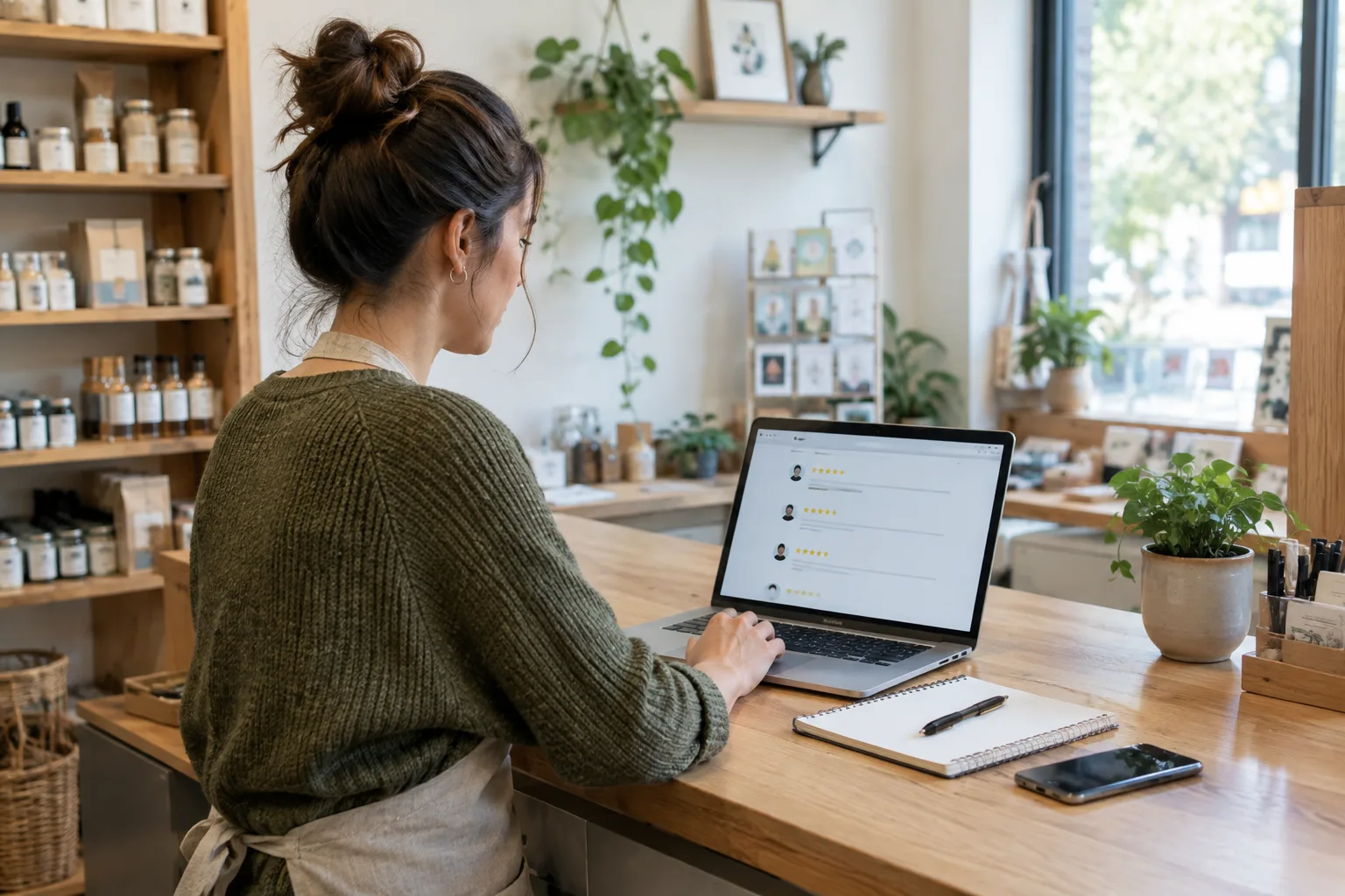 Un commerçant consulte des avis en ligne sur un ordinateur, avec un carnet de suivi à portée de main.