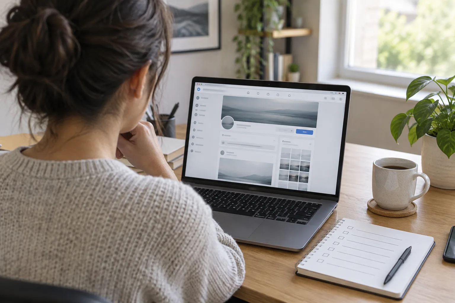 Une personne vérifie une page professionnelle inactive sur un ordinateur, avec une checklist à portée de main.