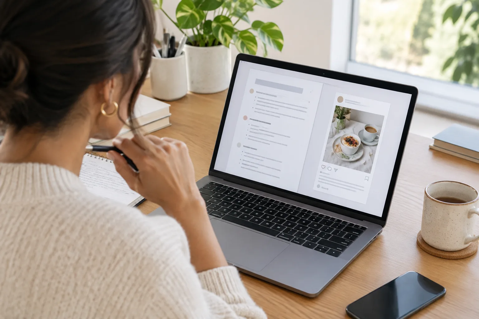 Une professionnelle relit un document de partenariat avec un créateur de contenu sur son ordinateur.