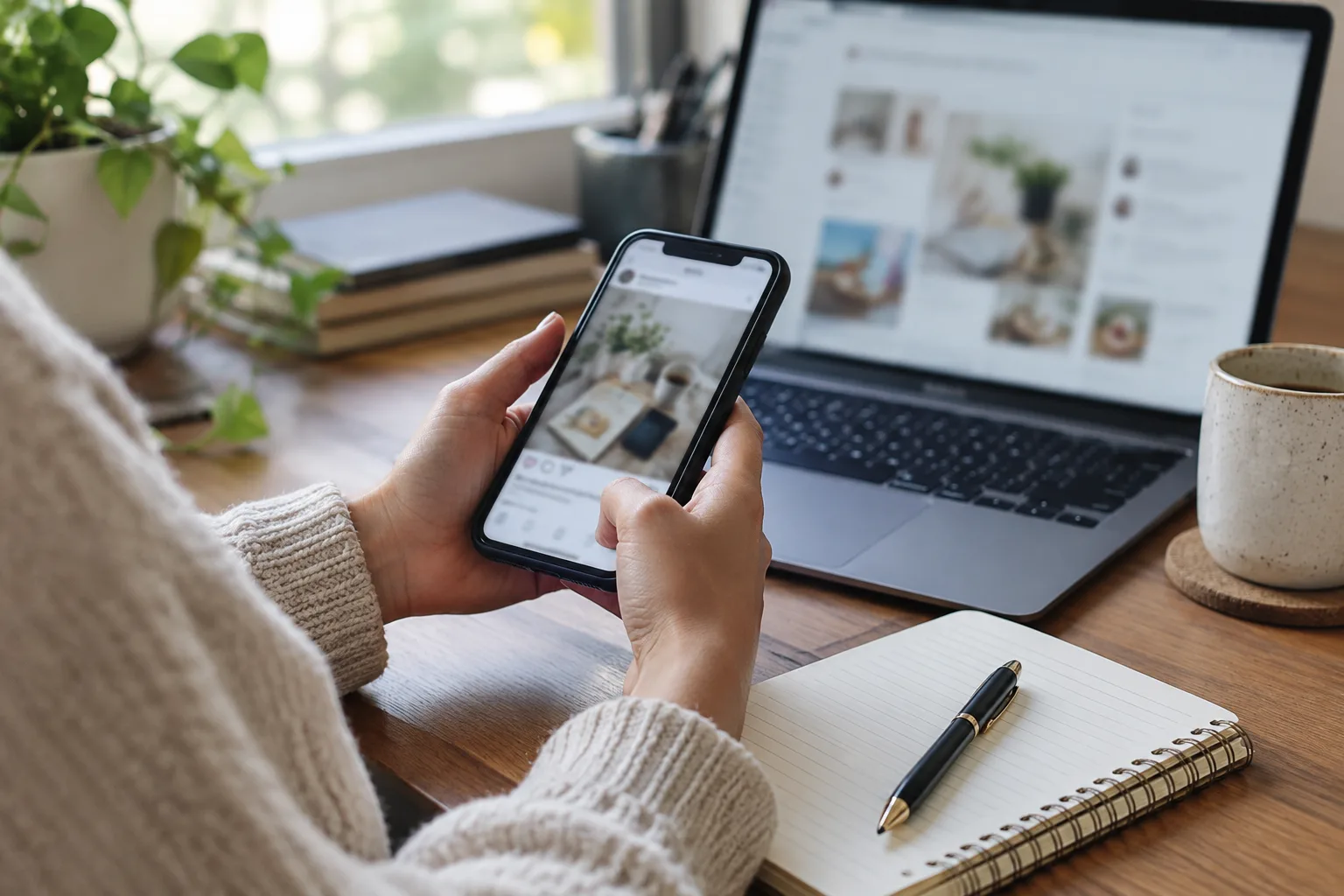 Des mains notent des éléments à vérifier à côté d’un téléphone et d’un ordinateur.
