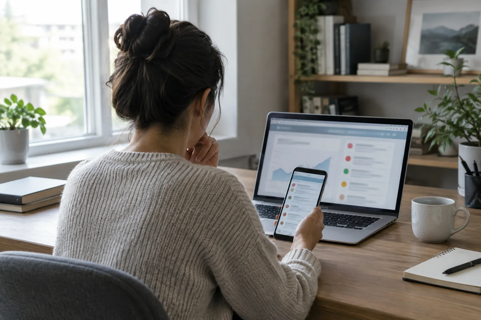 Une personne consulte calmement un téléphone et un ordinateur dans un petit bureau.