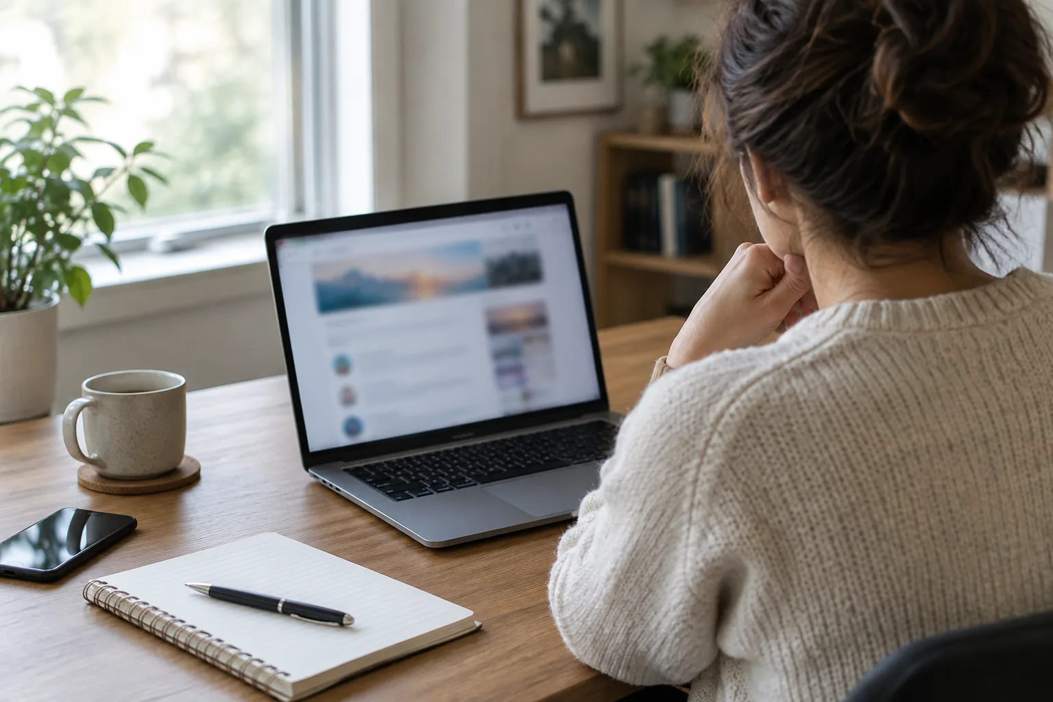 Un dirigeant examine des informations en ligne à son bureau, avec un carnet et un téléphone à portée de main.