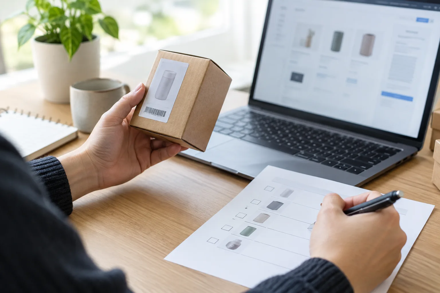 Des mains comparent un emballage de produit à une liste de vérification devant un ordinateur.
