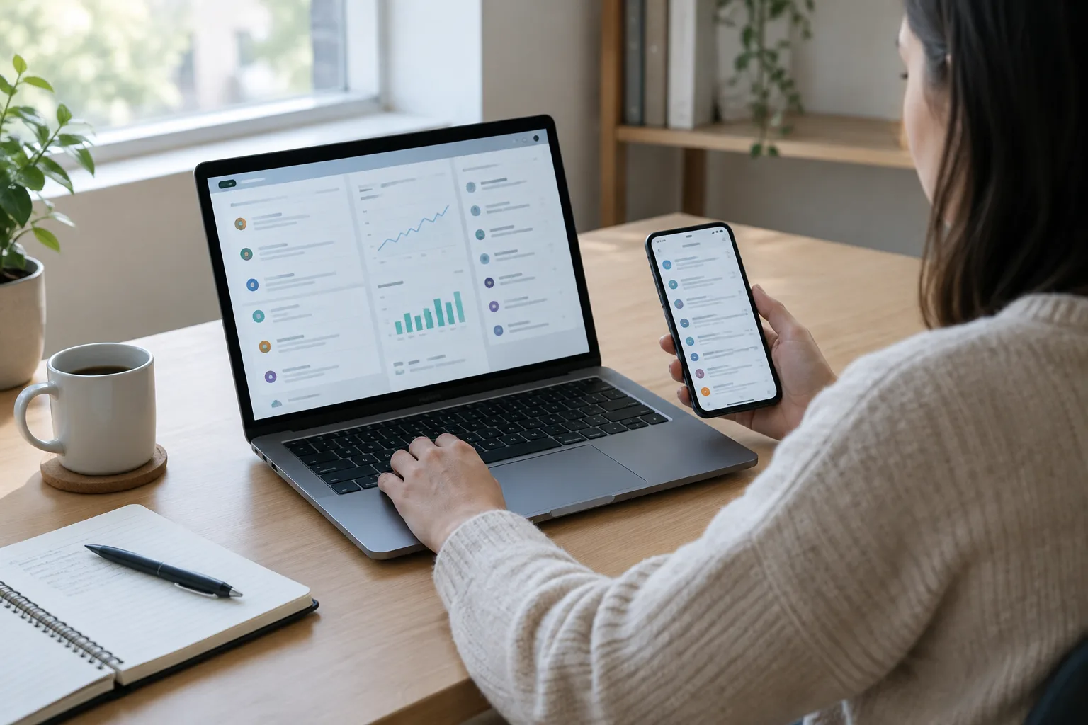 Une personne consulte des retours en ligne sur un ordinateur et un téléphone dans un espace de travail.