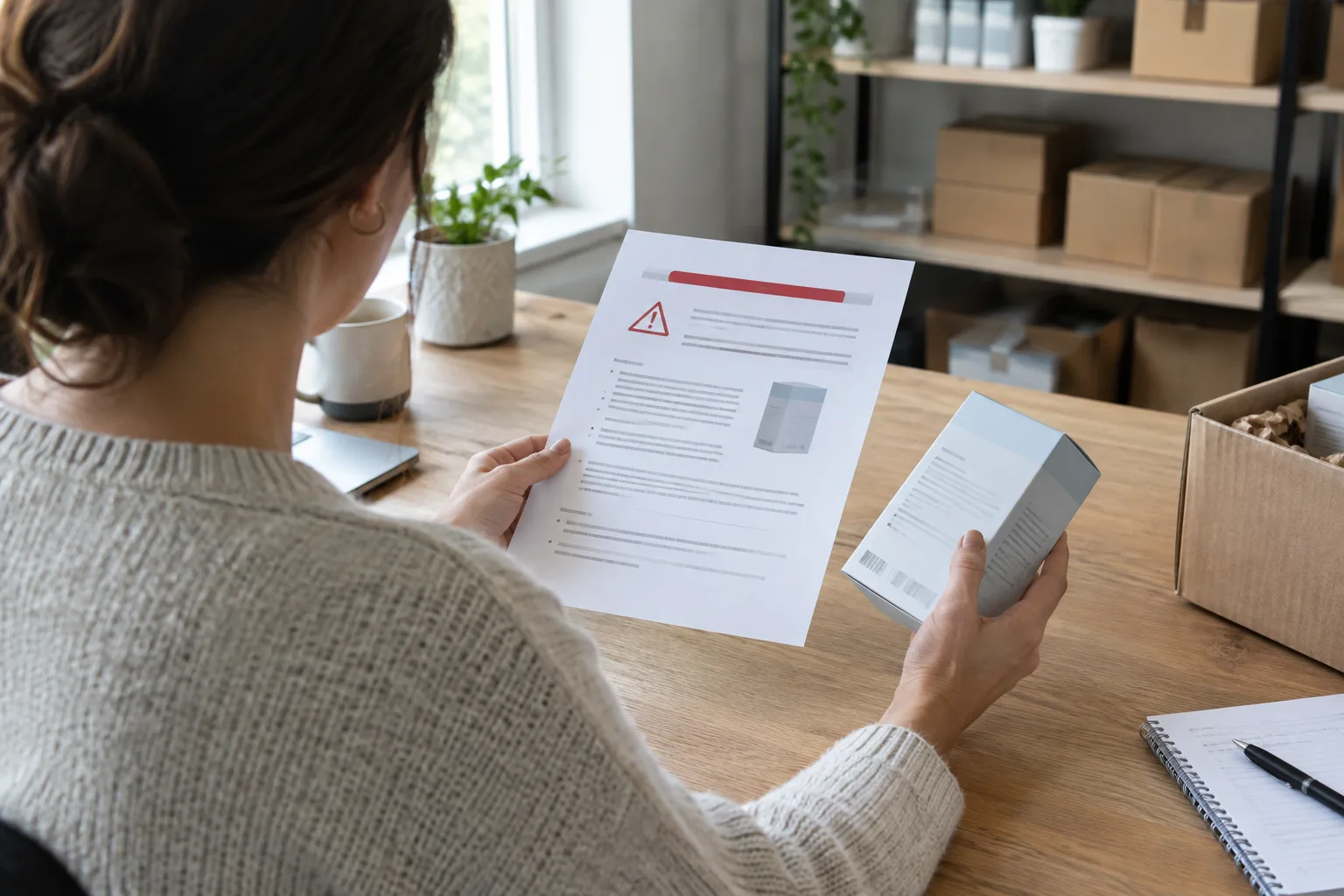 Une personne responsable d’une petite entreprise examine un emballage et des documents de suivi sur une table.