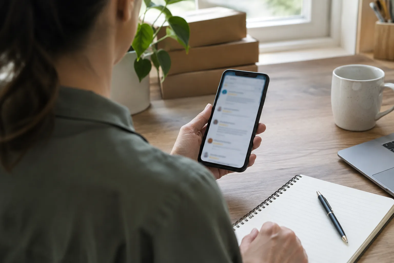 Un professionnel consulte un commentaire sur son téléphone et prend des notes à son bureau.