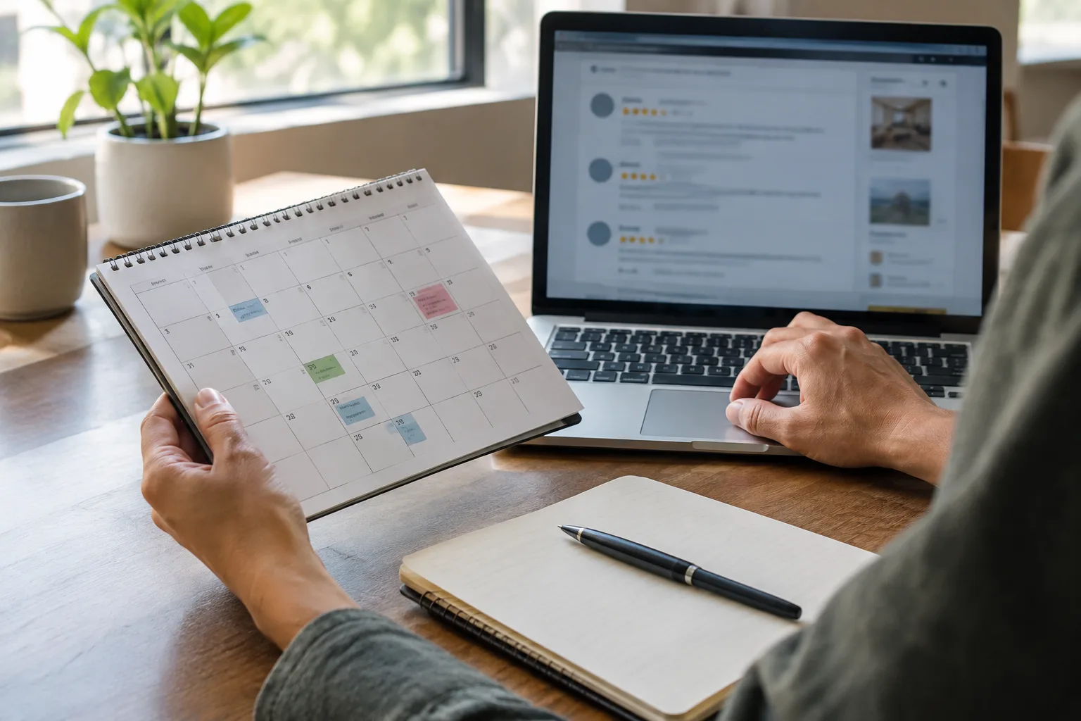 Des mains comparent un calendrier de rendez-vous et une page d’avis affichée sur un ordinateur.