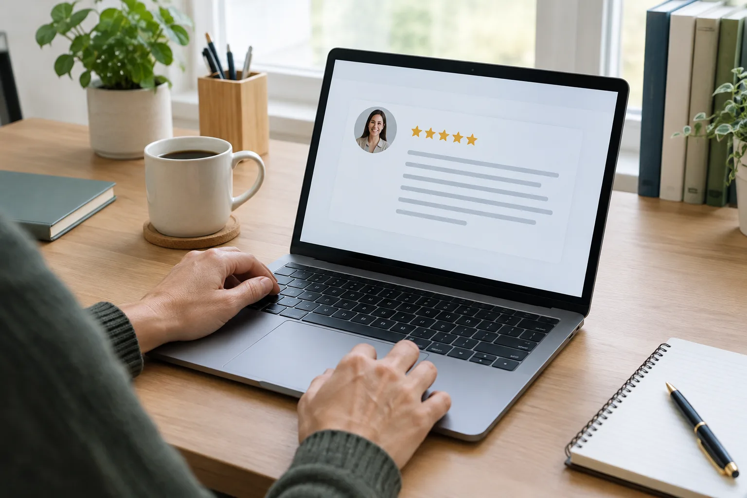 Une personne relit un témoignage client sur un ordinateur dans un espace de travail professionnel.