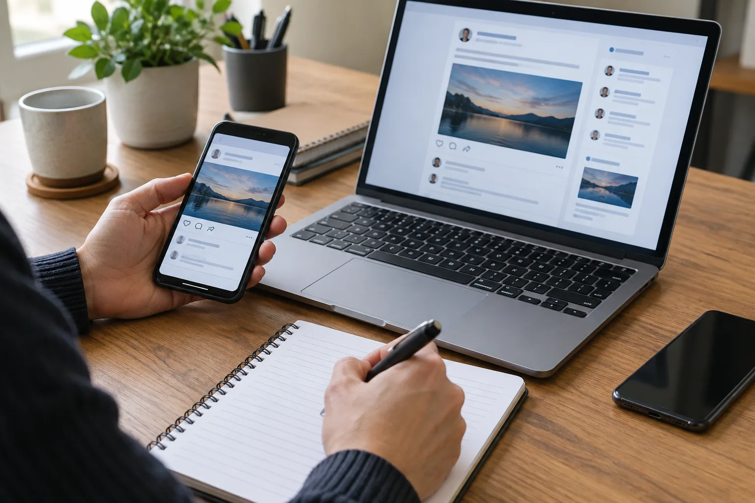 Des mains consignent des éléments liés à une publication en ligne sur un ordinateur et dans un carnet.