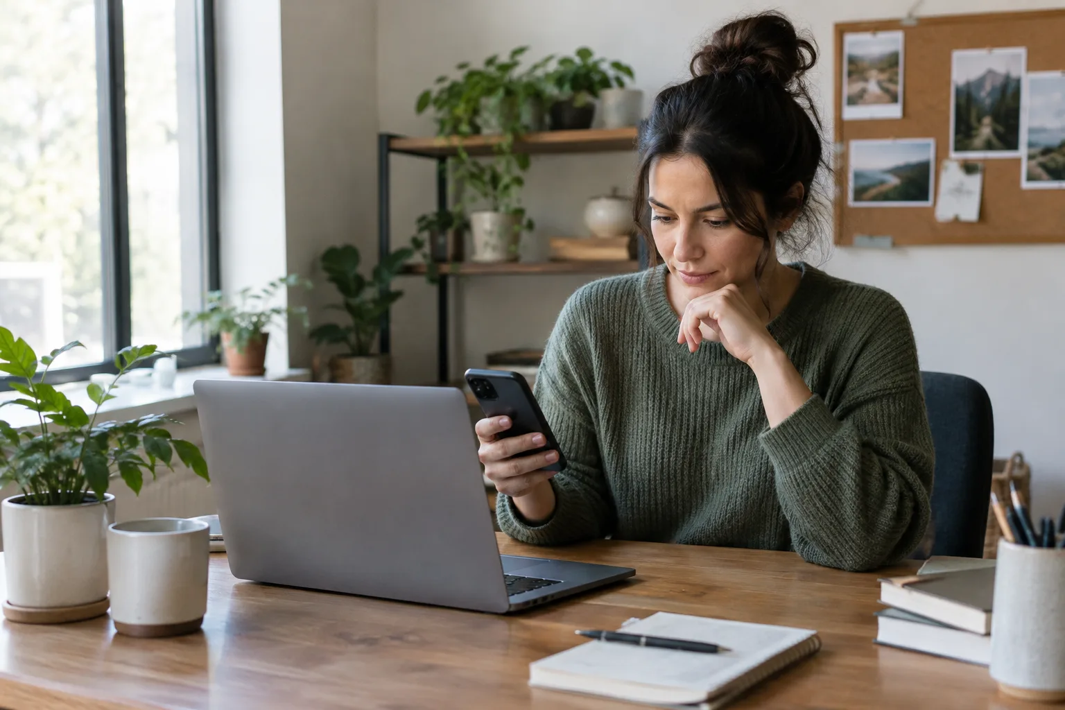 Un entrepreneur examine calmement des publications en ligne depuis son bureau.