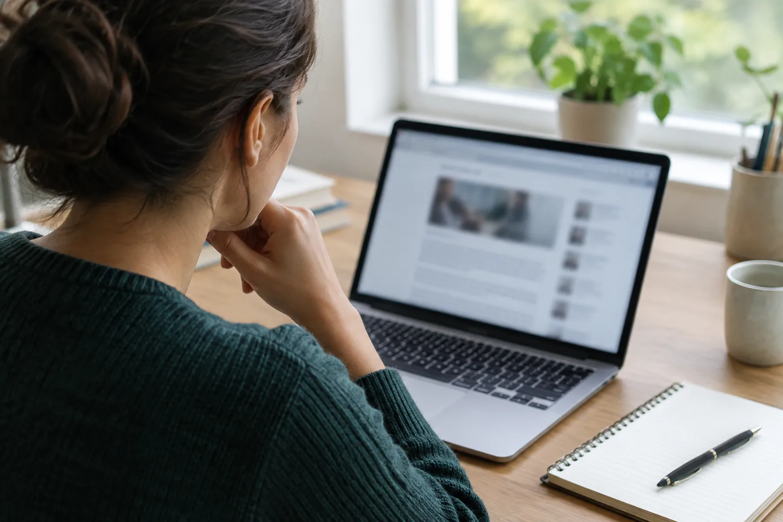 Une entrepreneuse examine un article en ligne sur son ordinateur et prend des notes.