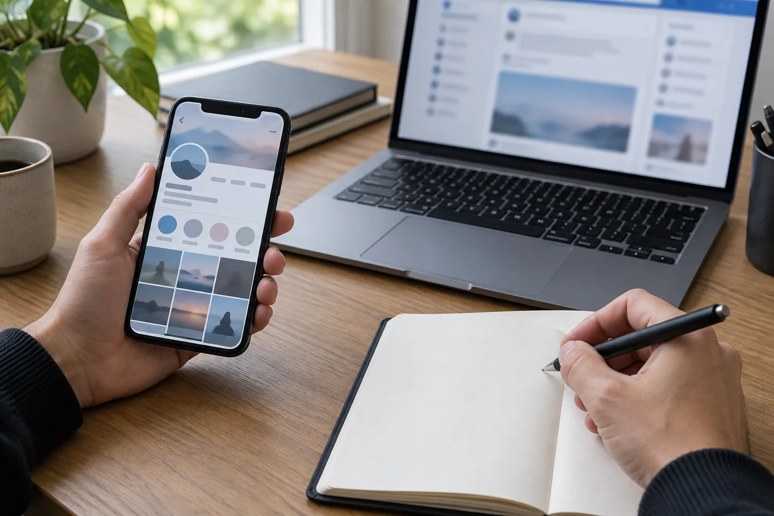 Des mains consultent un profil en ligne non lisible à côté d’un carnet destiné à noter les faits.
