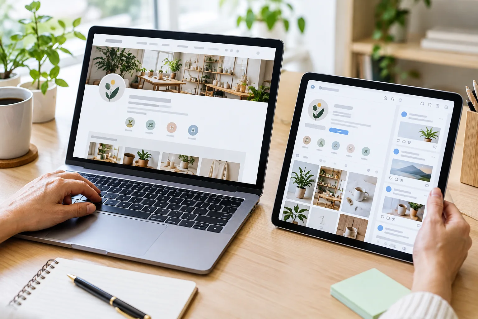 Un professionnel compare les pages officielles de son entreprise sur un ordinateur et une tablette.