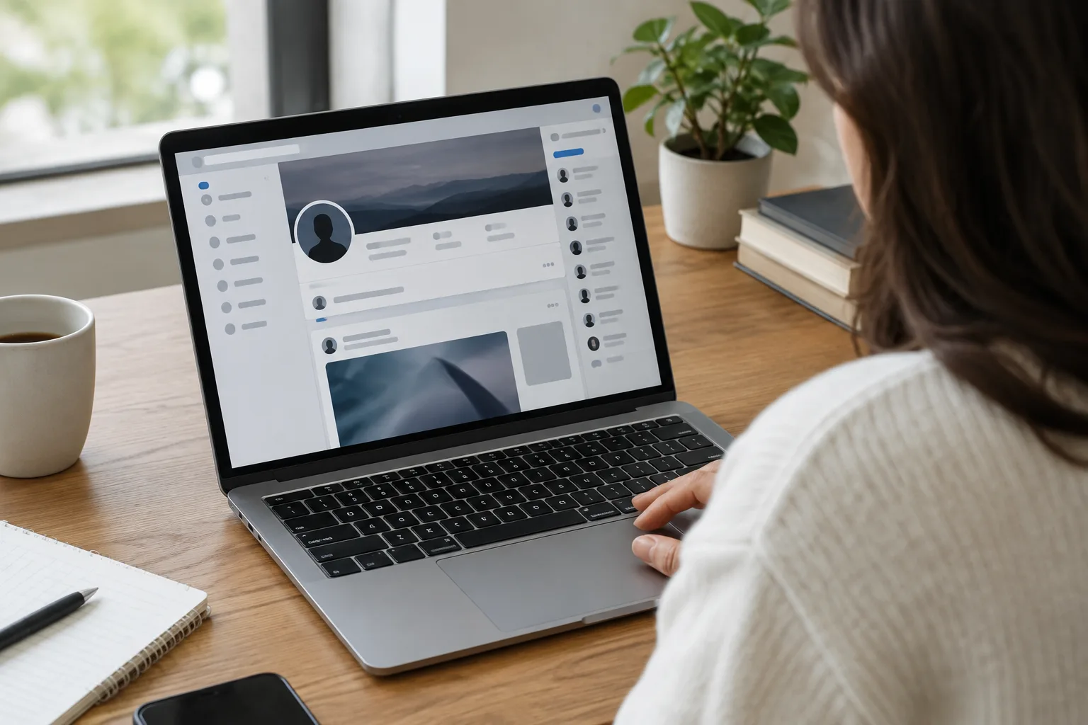 Une personne examine un profil social suspect sur l’écran de son ordinateur dans un bureau professionnel.
