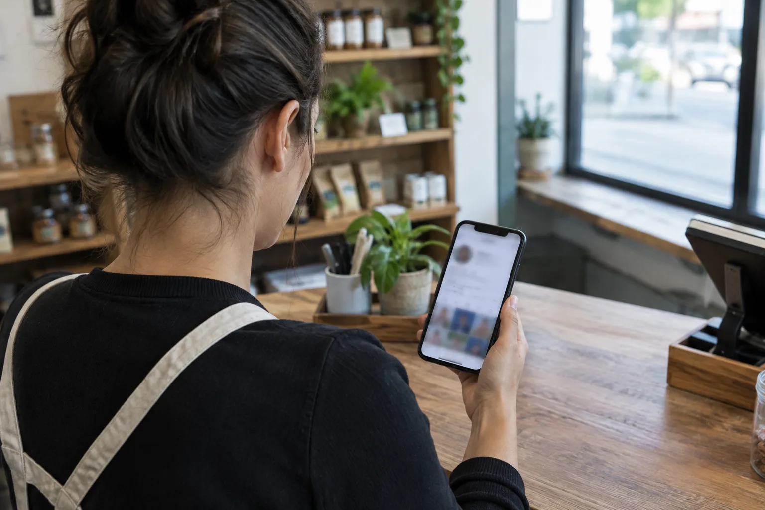 Une personne dans un petit commerce examine un profil suspect sur son téléphone.