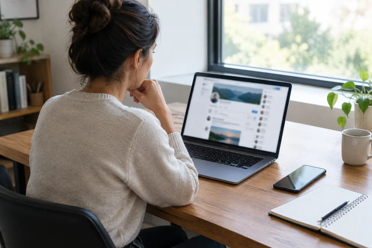 Un professionnel examine un profil de réseau social sur son ordinateur, avec un téléphone et un carnet à proximité.