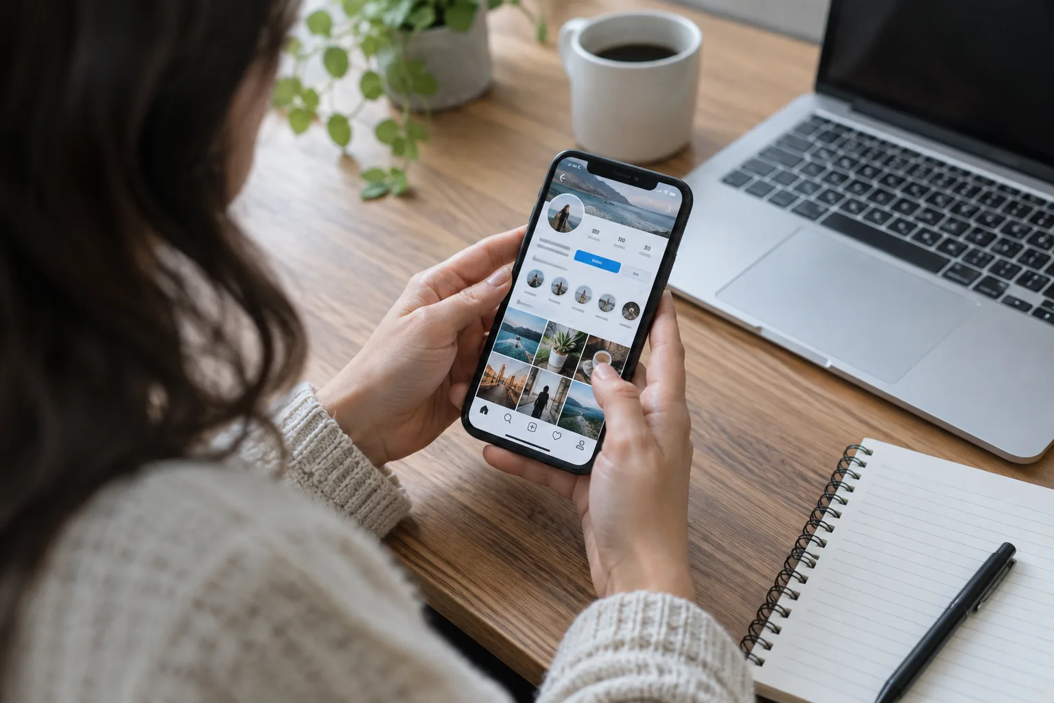 Un professionnel examine un profil social suspect sur son téléphone, avec un carnet pour noter les éléments utiles.