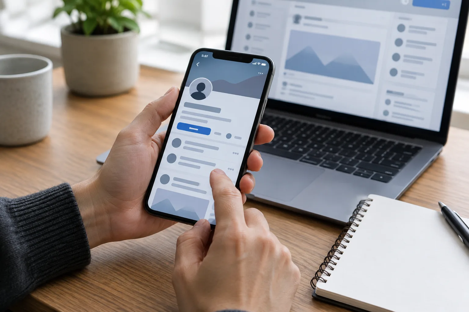 Des mains consultent un profil sur un téléphone et préparent un dossier de preuves sur un bureau.