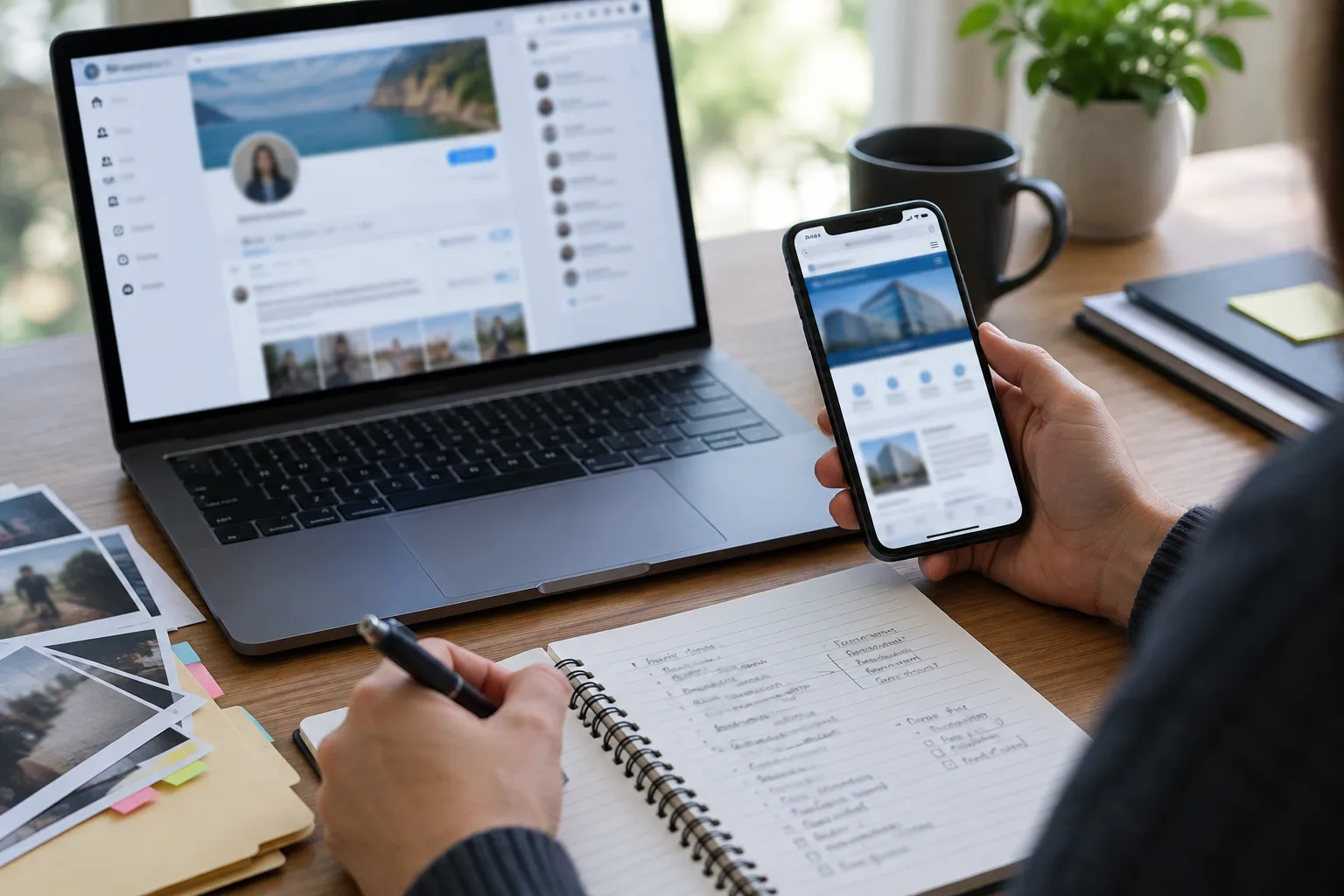 Un ordinateur et un téléphone affichent des pages de profil floutées tandis qu’une personne prend des notes pour comparer les comptes.