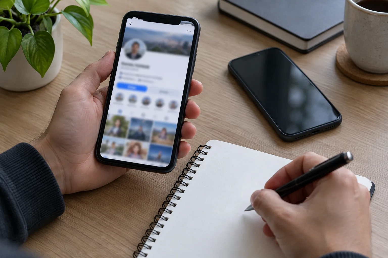 Un téléphone affichant un profil flou à côté d’un carnet et d’un second appareil.