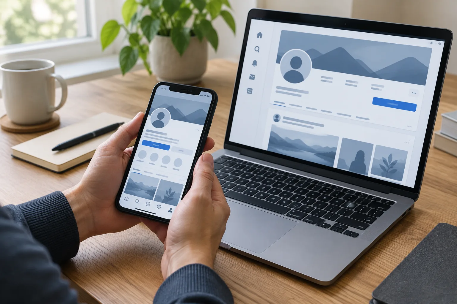 Un téléphone et un ordinateur affichent des profils sociaux indistincts sur un bureau professionnel.