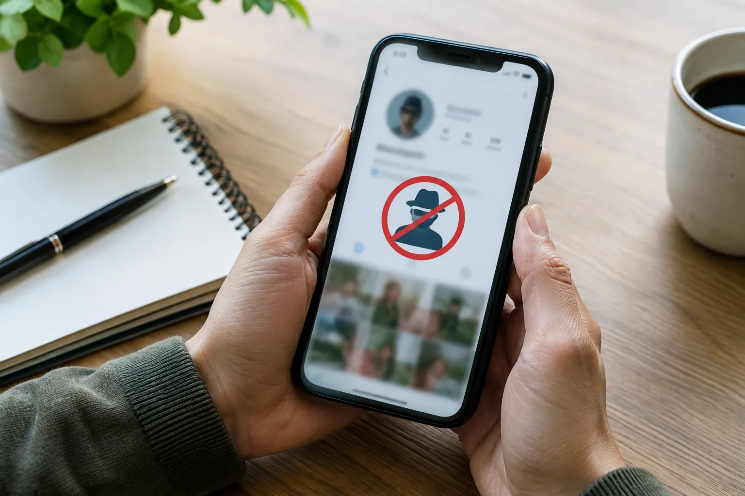 Un téléphone affiche un profil social générique à côté d’un carnet de notes.