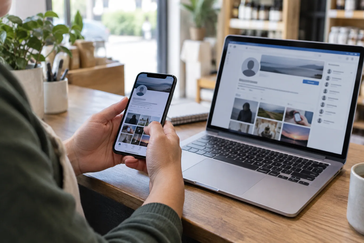 Un commerçant examine un profil suspect sur son téléphone, à côté d’un ordinateur.