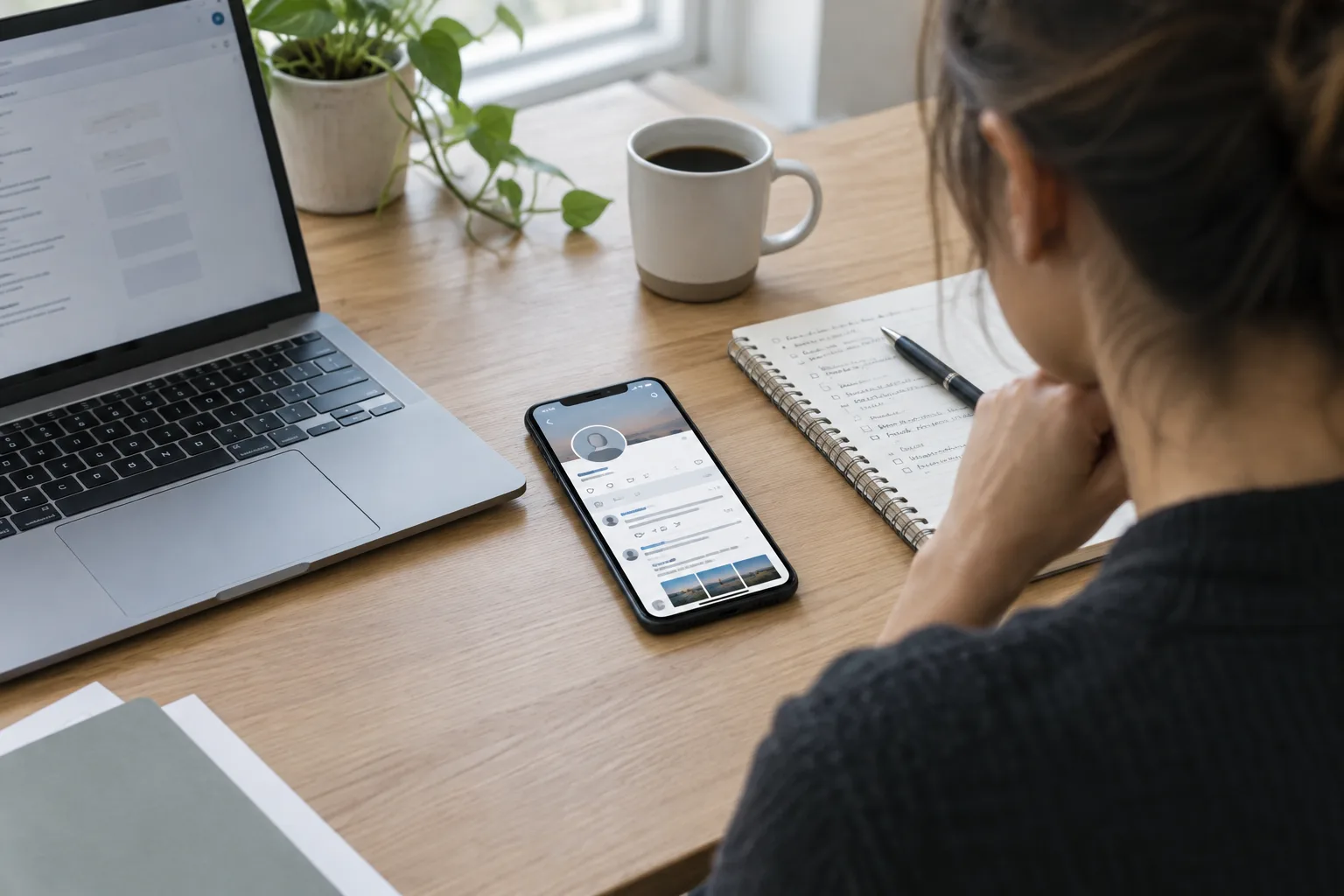 Un entrepreneur examine un profil social suspect sur son téléphone, à côté de son ordinateur.