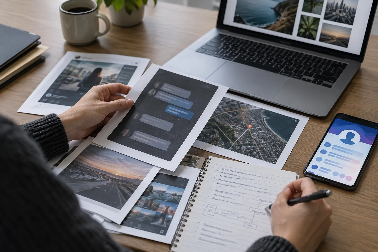 Des captures d’écran et des notes sont rassemblées pour documenter un faux profil.