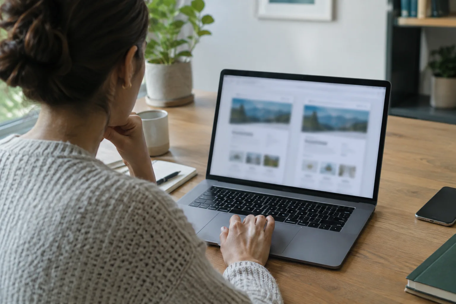 Une personne compare deux pages web depuis un ordinateur dans un bureau.