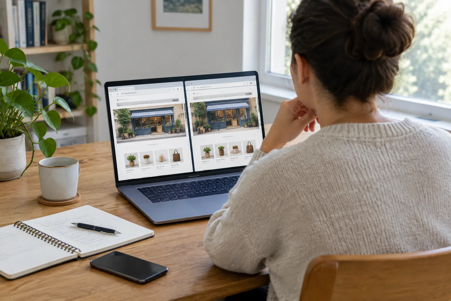 Un entrepreneur compare deux pages de site ressemblantes sur un ordinateur.