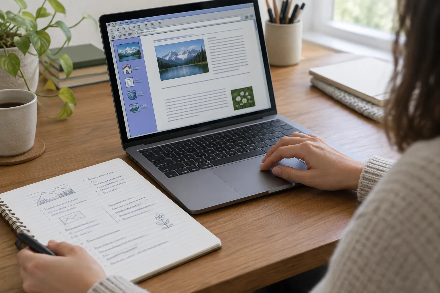 Une personne vérifie une ancienne page en ligne et note les informations à contrôler.
