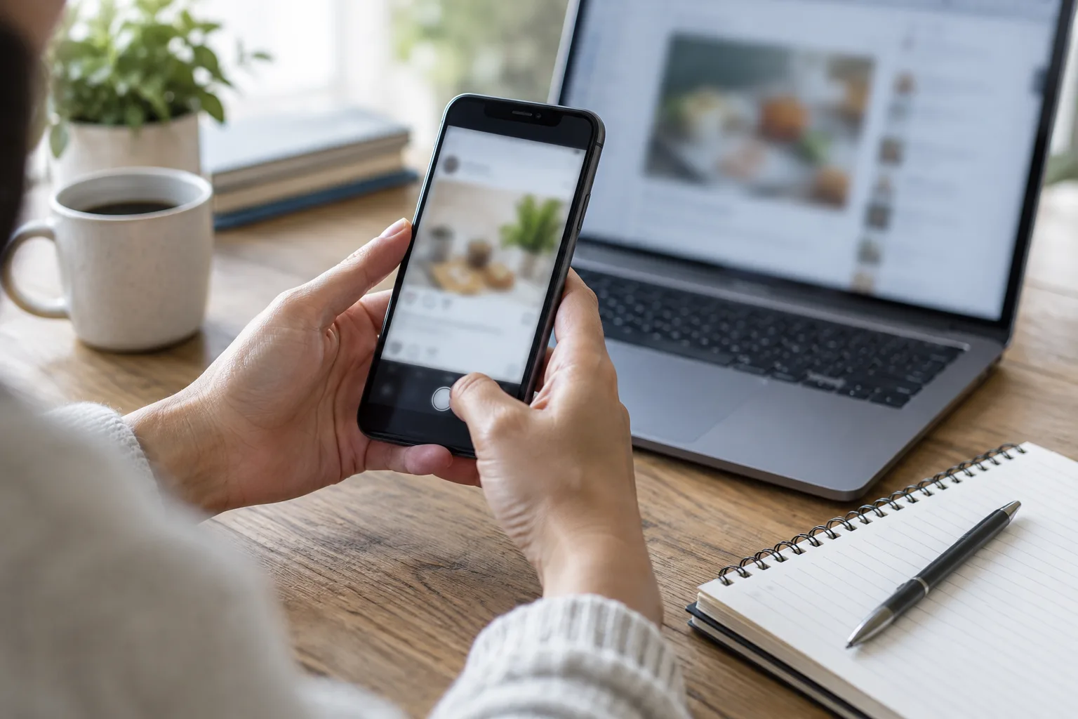 Des mains consignent une publication en ligne sur un téléphone, près d’un carnet et d’un ordinateur.
