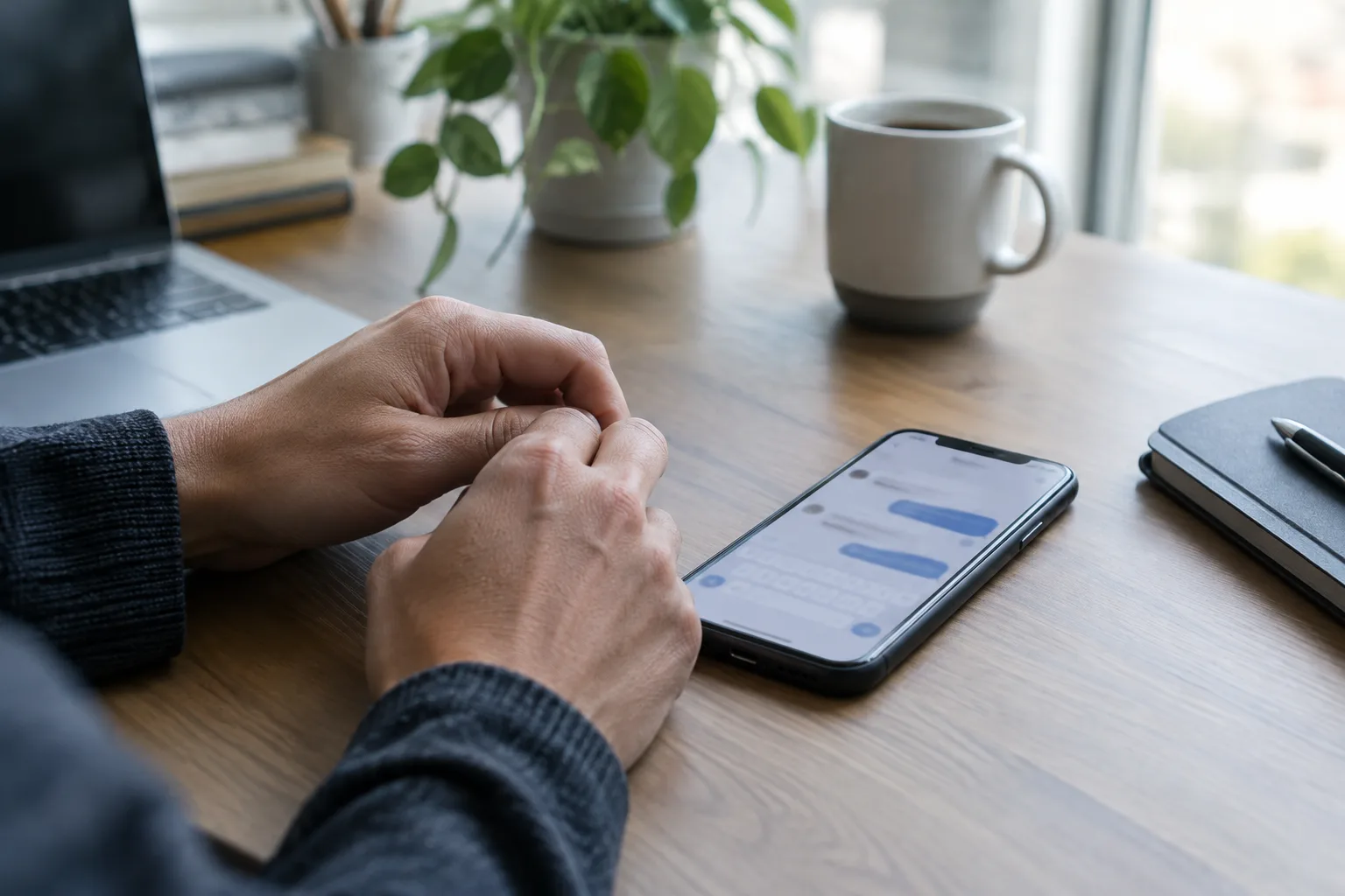 Un téléphone affichant une conversation floutée posé sur le bureau d’une petite entreprise.