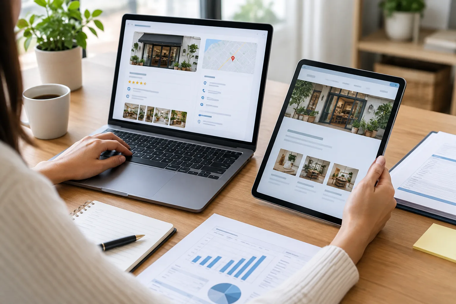 Des informations d’entreprise sont comparées sur un ordinateur, une tablette et des documents.