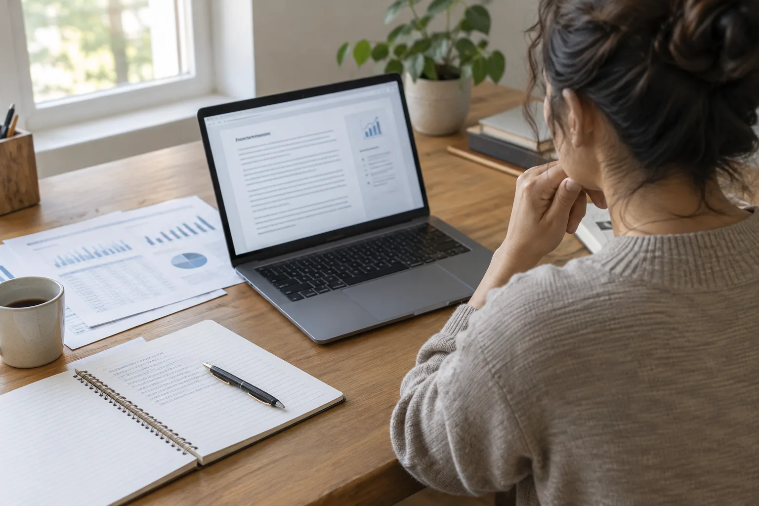 Une entrepreneuse compare les informations affichées sur un ordinateur avec les documents de son entreprise.