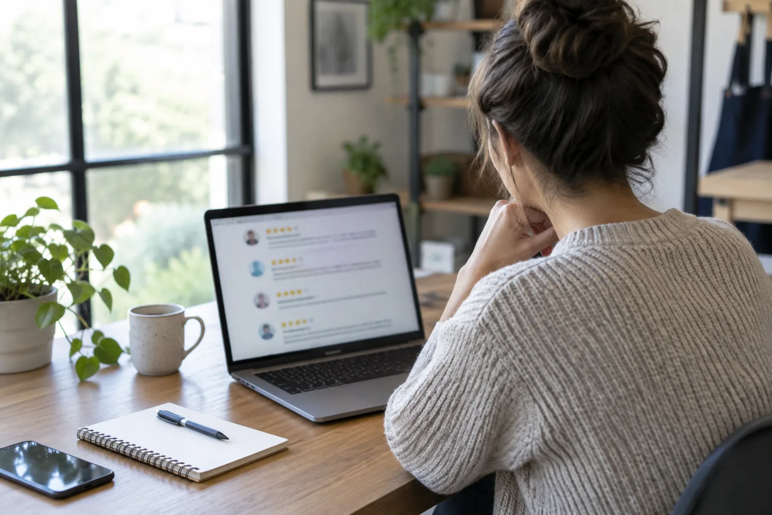 Un professionnel consulte des avis clients sur un ordinateur, dans un espace de travail calme.