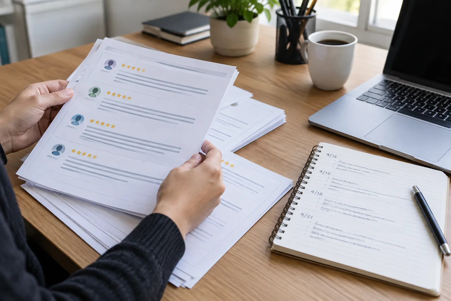 Des mains classent des pages d’avis et prennent des notes pour documenter la situation.