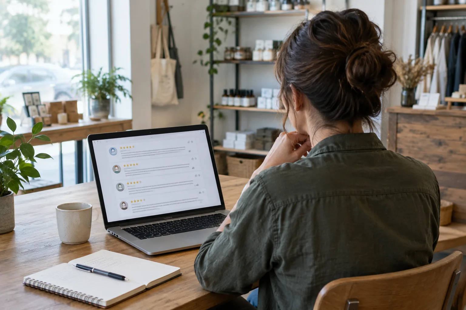 Un commerçant consulte les avis en ligne de son établissement sur un ordinateur.