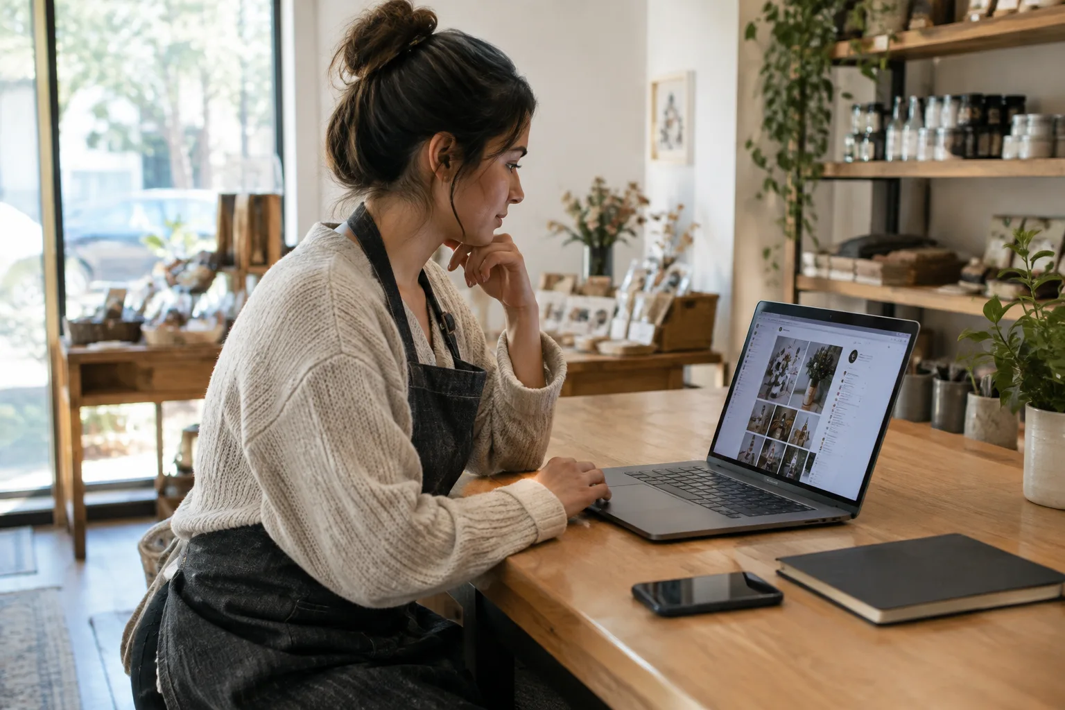 Un commerçant consulte une publication en ligne sur son ordinateur, dans sa boutique.