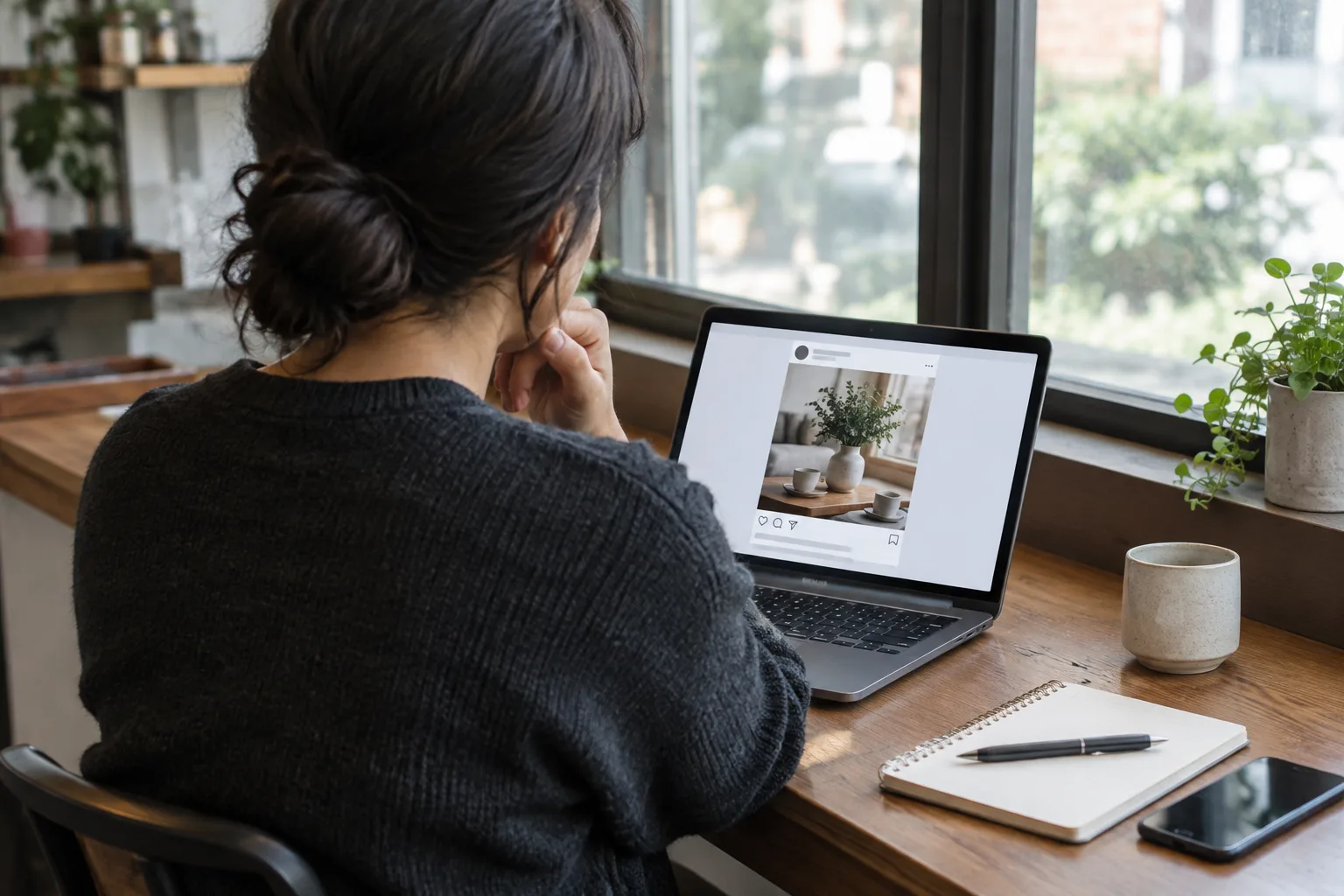 Un commerçant examine une publication en ligne à son comptoir, avec un carnet pour noter les faits.