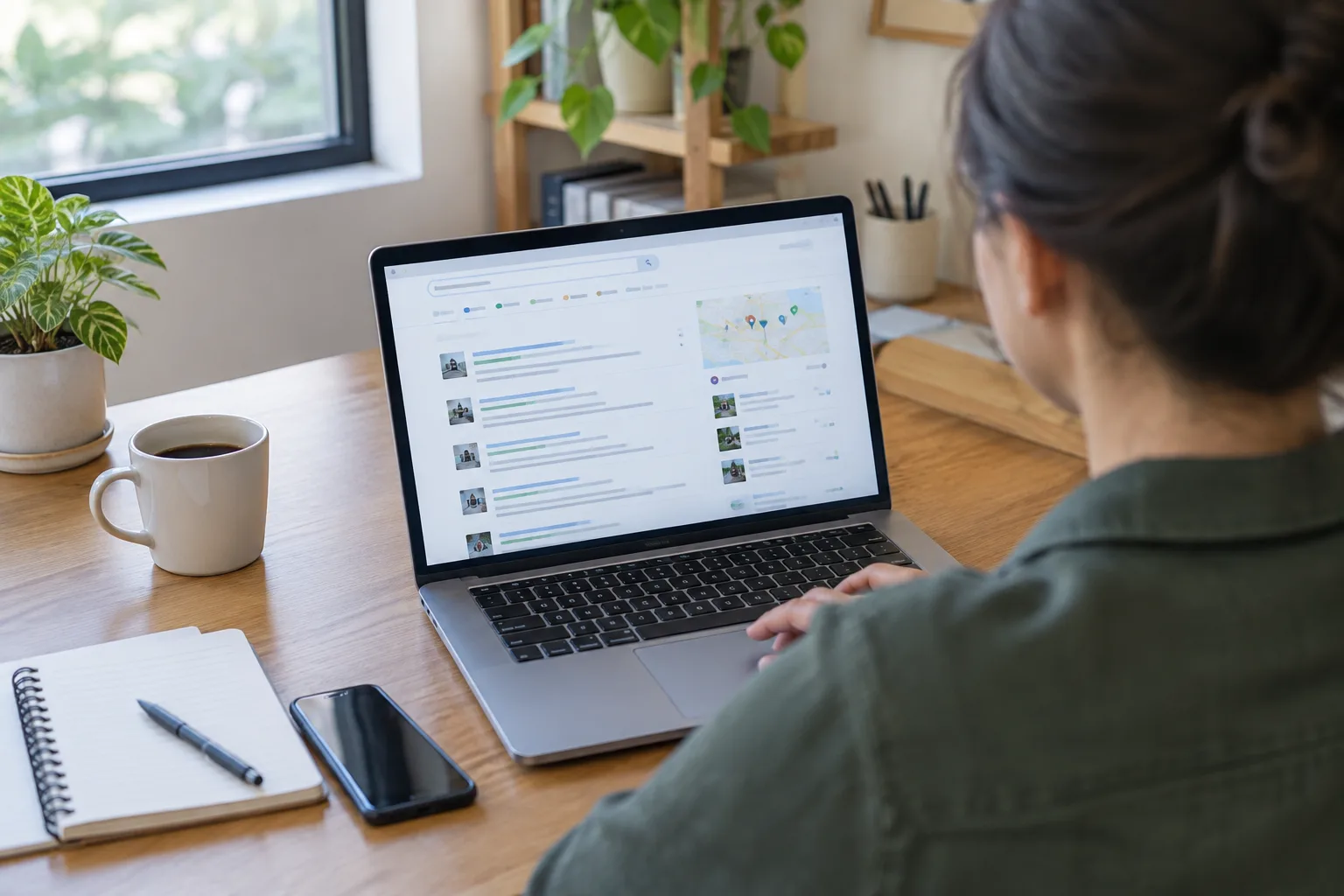 Une personne consulte des résultats en ligne sur un ordinateur dans un espace de travail professionnel.