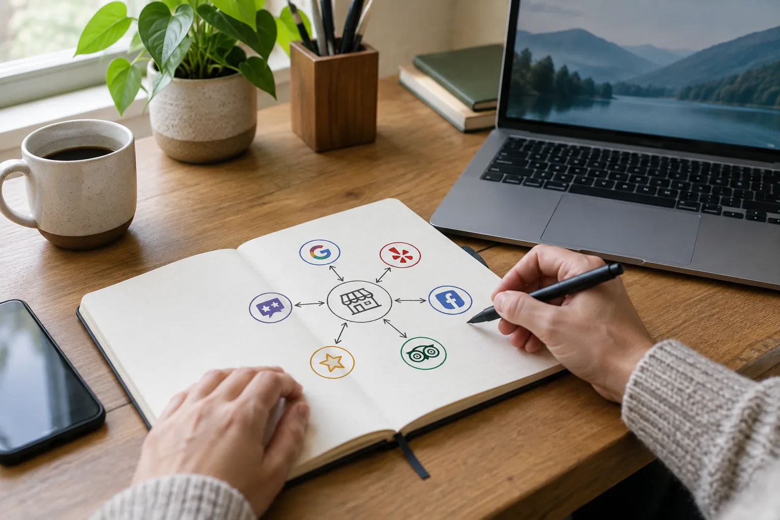 Des mains notent les plateformes à suivre dans un carnet, près d’un ordinateur portable.